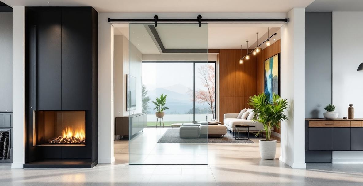 Interior wood and glass door with sliding track hardware against a modern wall showing the architectural style of a custom glass barn door used in a Dallas home