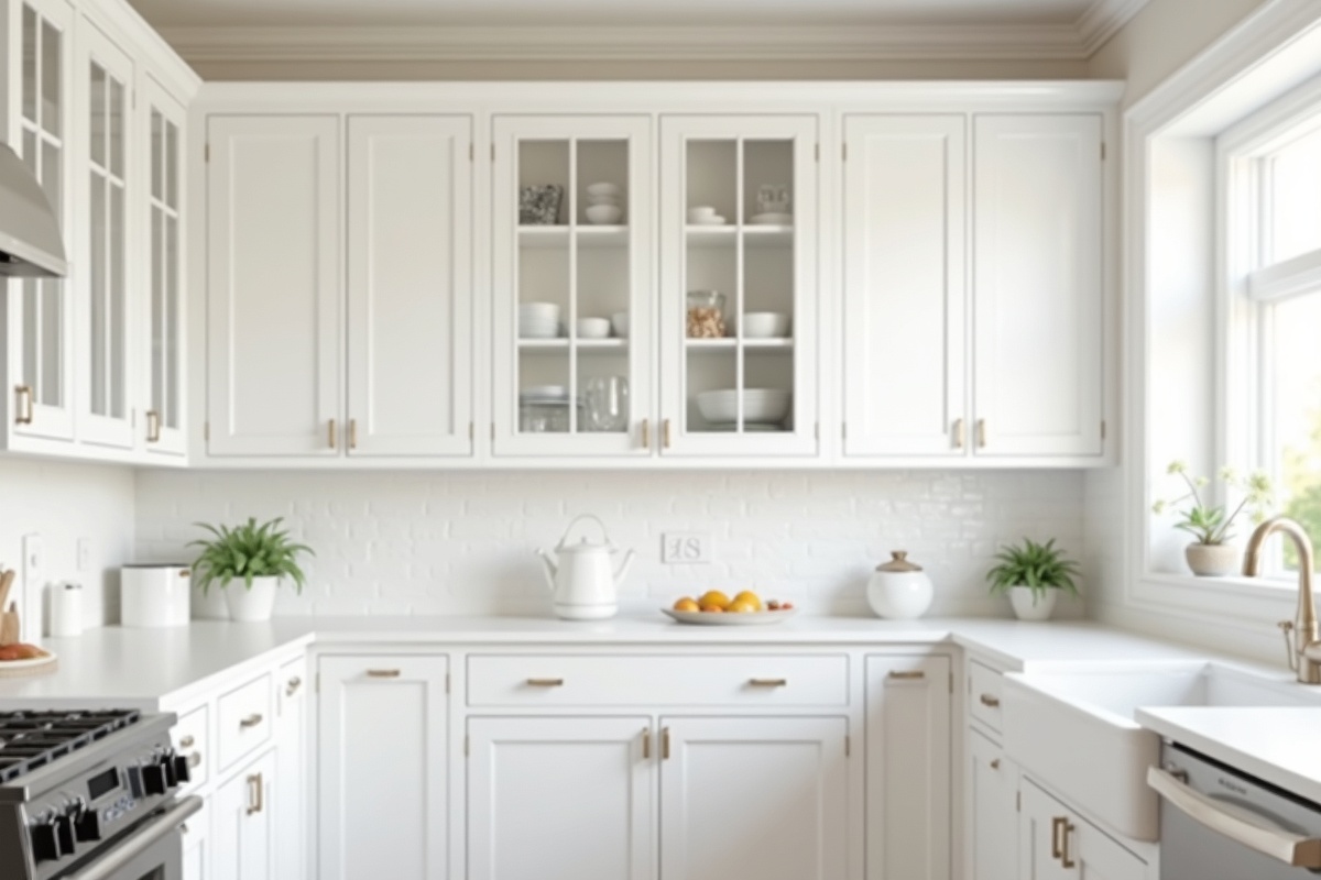 Custom seeded glass cabinet door inserts in a DFW farmhouse kitchen with white shaker cabinets showing traditional glass style