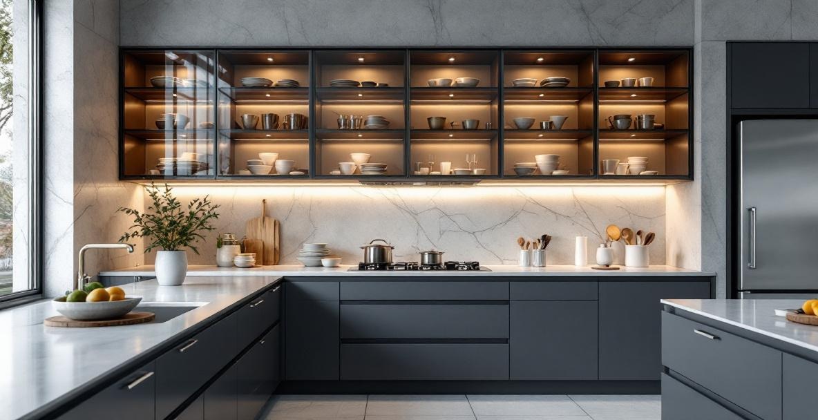 Custom glass cabinet doors in a Dallas kitchen showing clear glass inserts in white upper cabinets displaying dishware and glassware