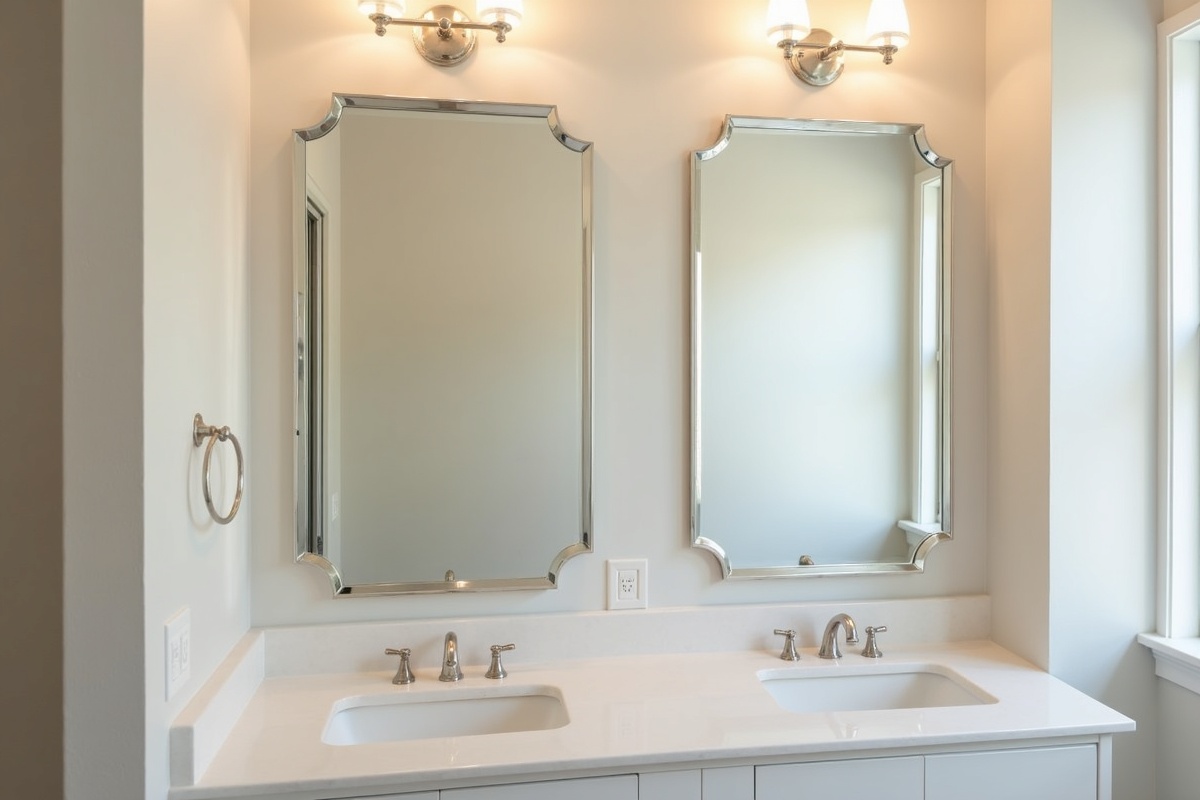 Custom cut mirror installed above bathroom vanity in Carrollton TX home showing precise fit to wall space with polished beveled edge treatment