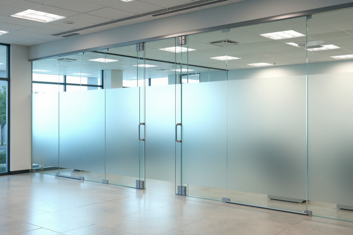 Glass office partition wall installed in a Carrollton TX commercial office space showing frameless floor-to-ceiling glass panels with aluminum channels
