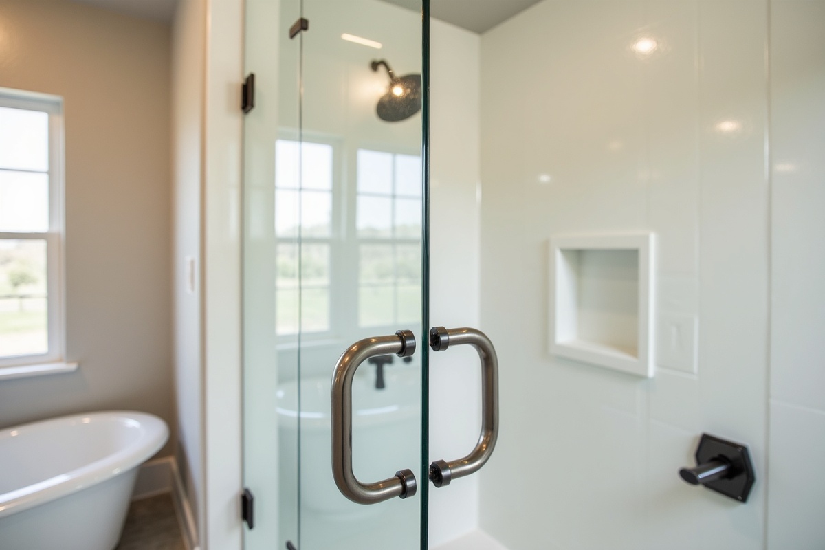 Custom frameless shower door installation in a Corinth TX bathroom with precise measurements and quality hardware showing local craftsmanship quality