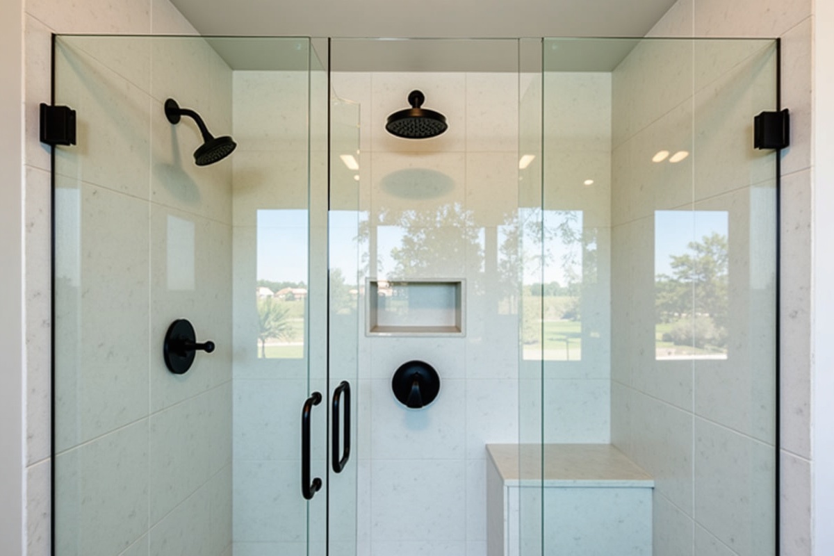 Custom frameless shower enclosure installed in a Highland Village TX luxury home with low-iron glass and matte black hardware showing premium finish quality