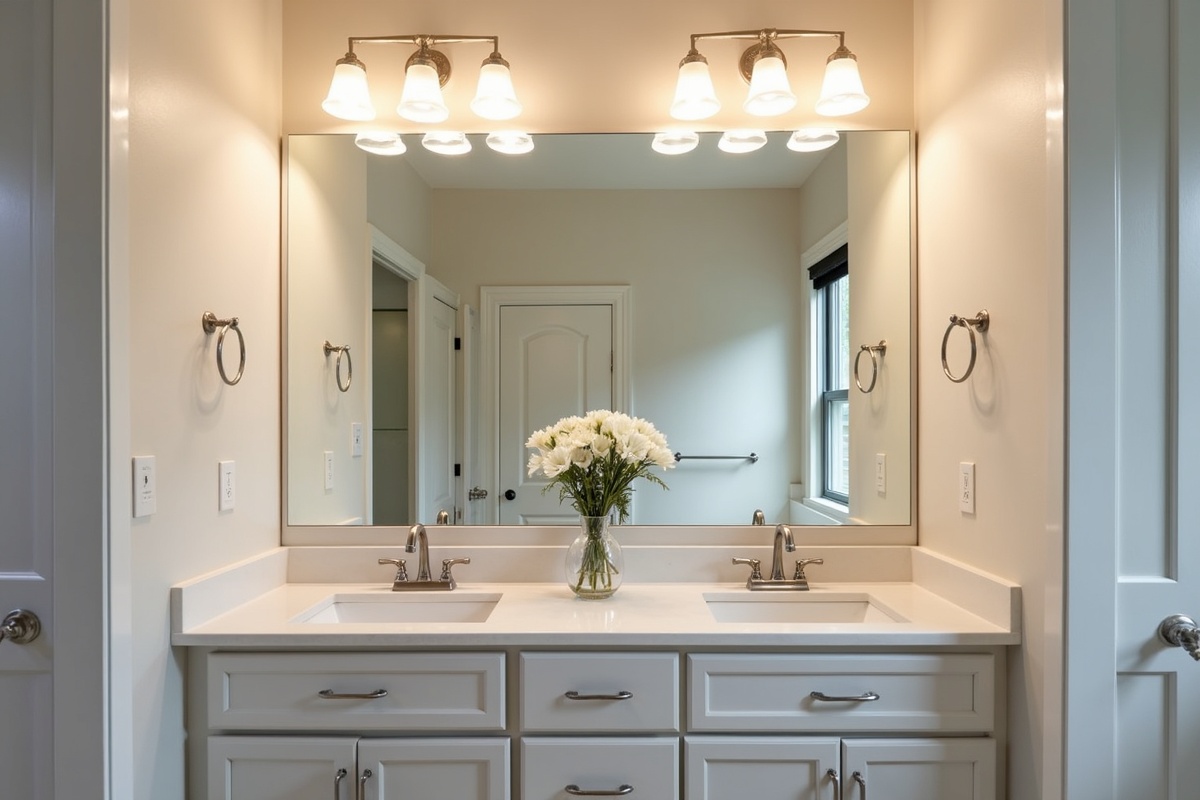 Precision custom mirror installation above a double vanity in a Highland Village TX master bathroom showing the polished edge finish and level mounting