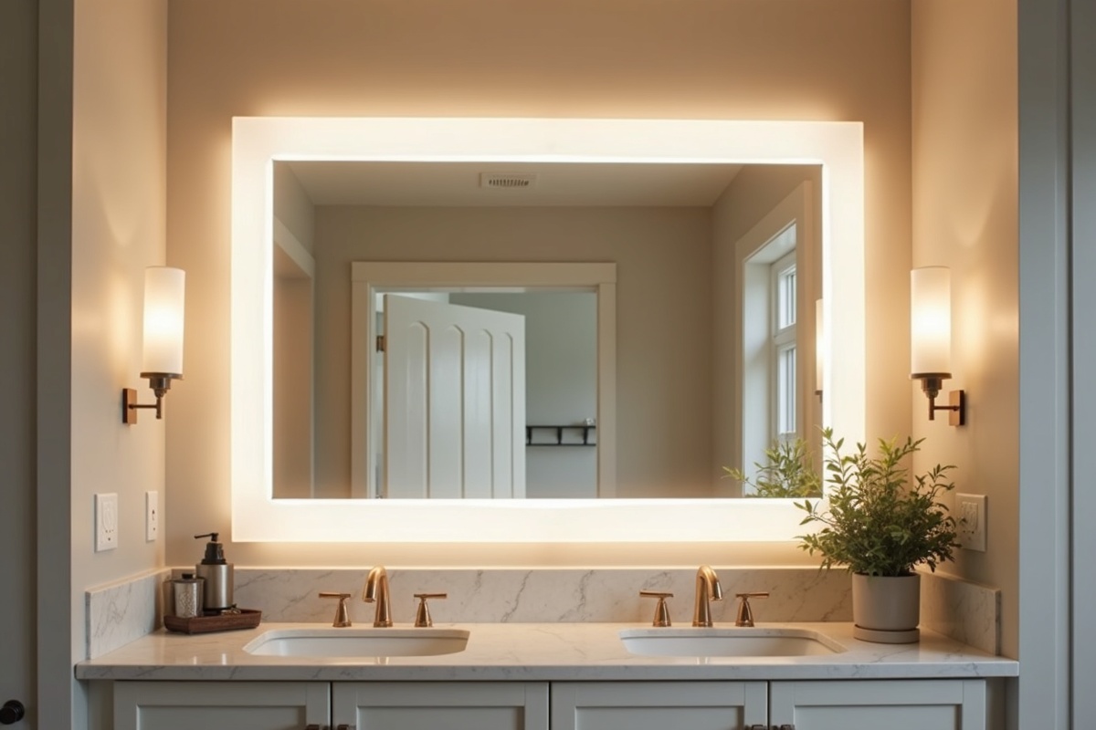 Custom-cut beveled edge bathroom mirror installed in a Plano TX home renovation with warm vanity lighting