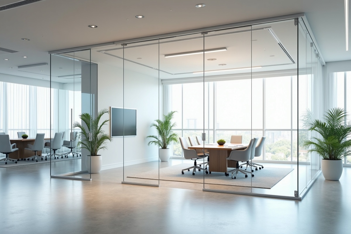 Stylish modern Dallas office interior showing frameless glass conference room walls with minimalist decor, natural light penetration, and open workspace beyond