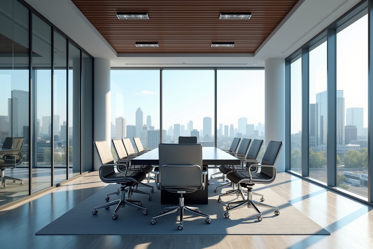 Spacious conference room in modern Dallas office with glass partition walls, contemporary furniture, and cityscape view through floor-to-ceiling windows