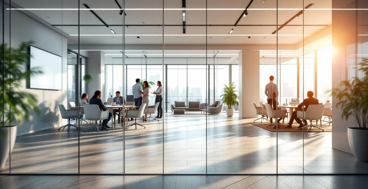 Modern corporate office corridor in Dallas featuring frameless glass conference room walls with red interior seating and polished floor finishes