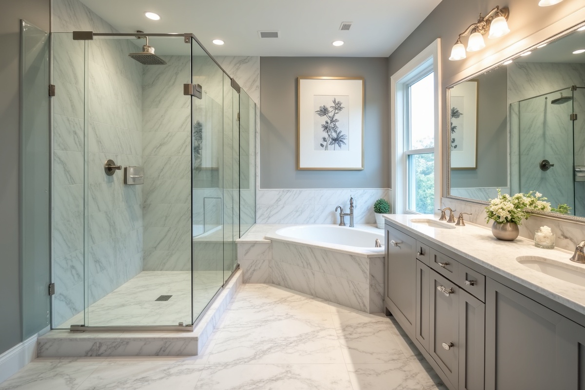 Custom glass installation in a north Dallas luxury home showing frameless shower panels and adjacent mirror installation in a complete bathroom renovation