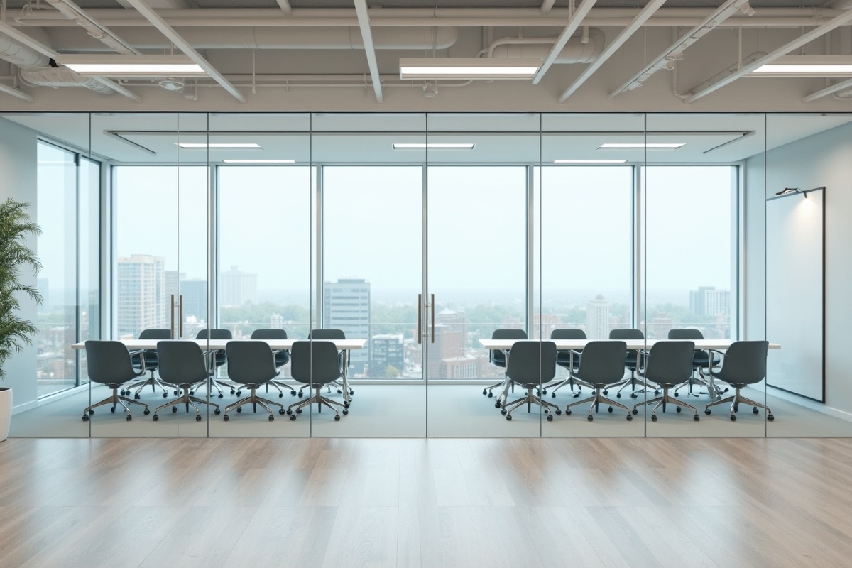Commercial glass partition installation in a north Dallas office building showing frameless glass walls creating conference rooms while maintaining open sight lines