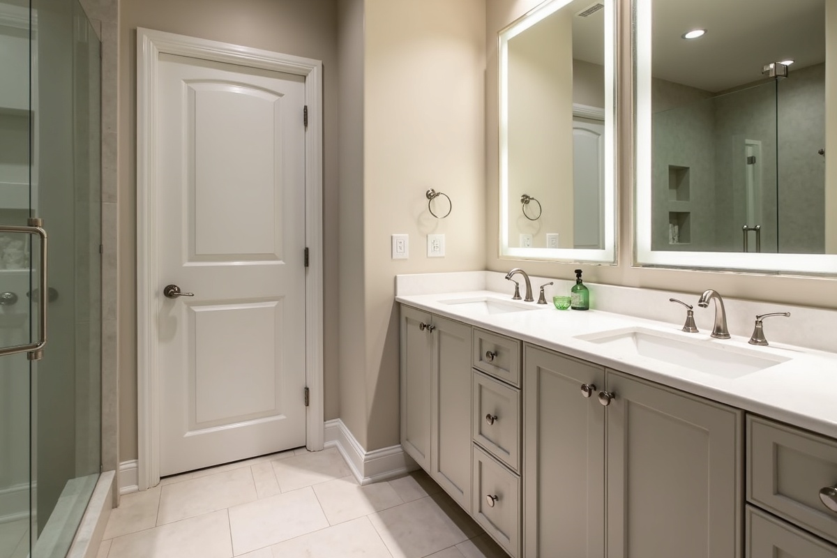 Washroom interior featuring a cabinet with sink and mirror near the door showing the type of vanity configuration where custom glass countertops are installed in Dallas master bathrooms