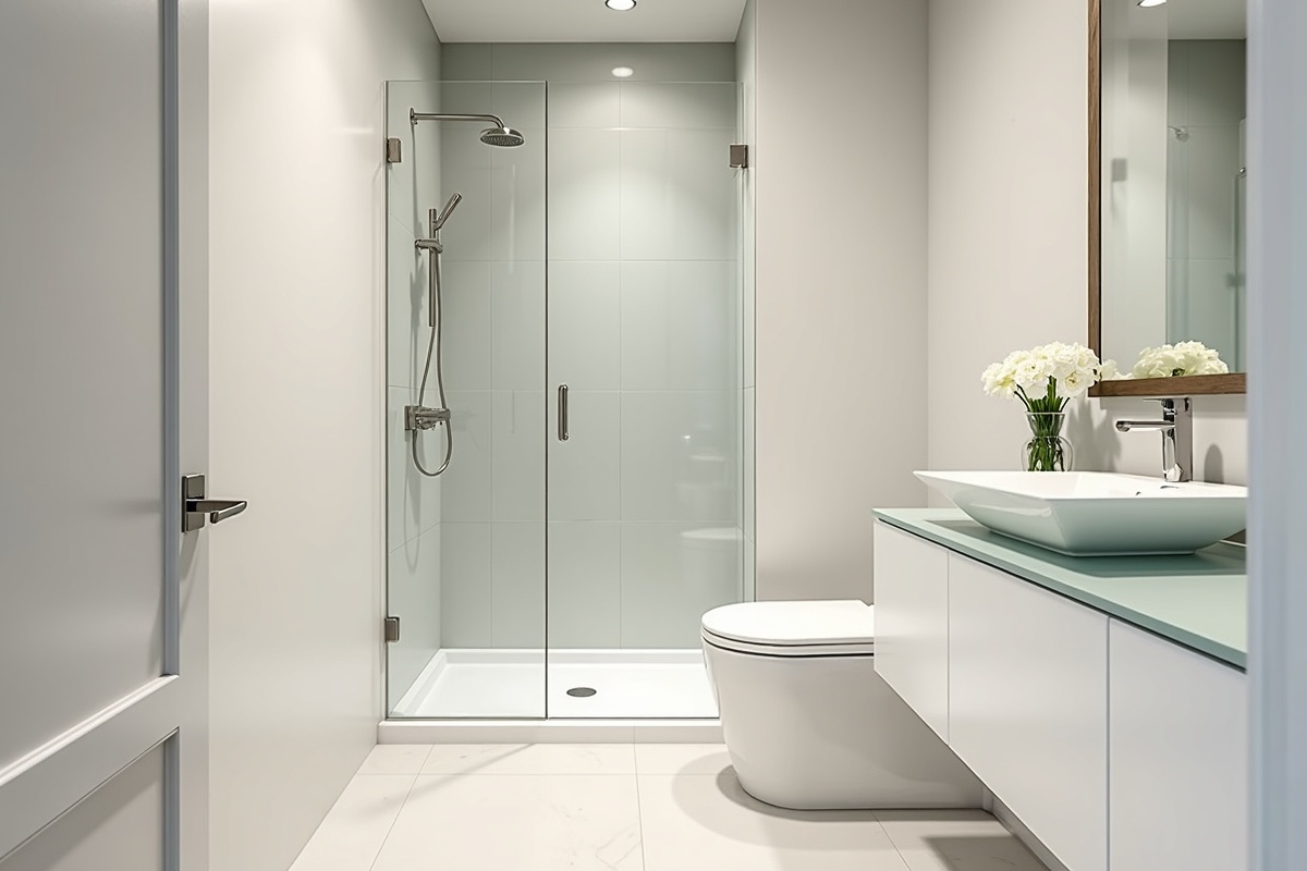 Shower cabin with white sink and toilet bowl in a creative bathroom showing the cohesive design language that custom glass countertops fit into for Dallas luxury bathroom renovations