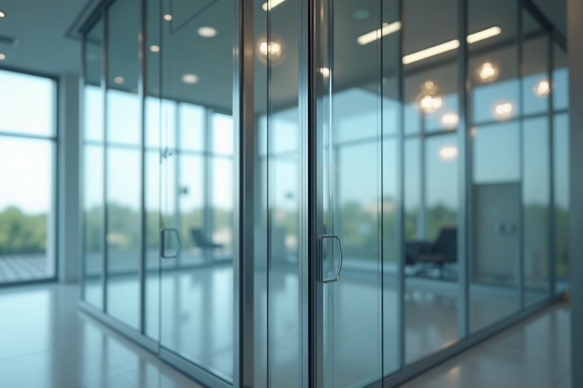 Close-up of a commercial glass curtain wall system with aluminum mullions and insulated glass units on a modern Texas office building