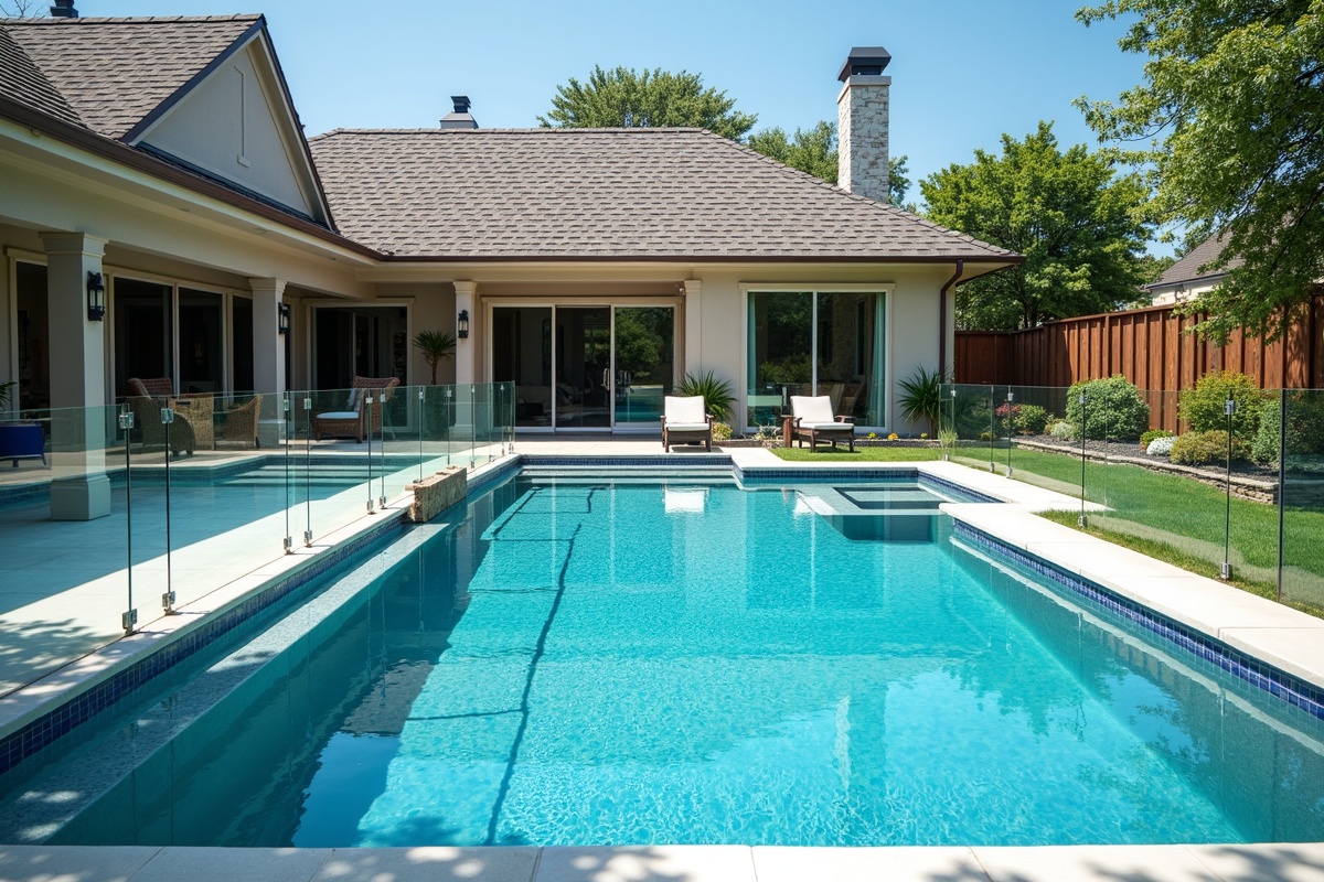 Backyard swimming pool in a Texas residence surrounded by frameless glass fence panels for code-compliant safety barrier