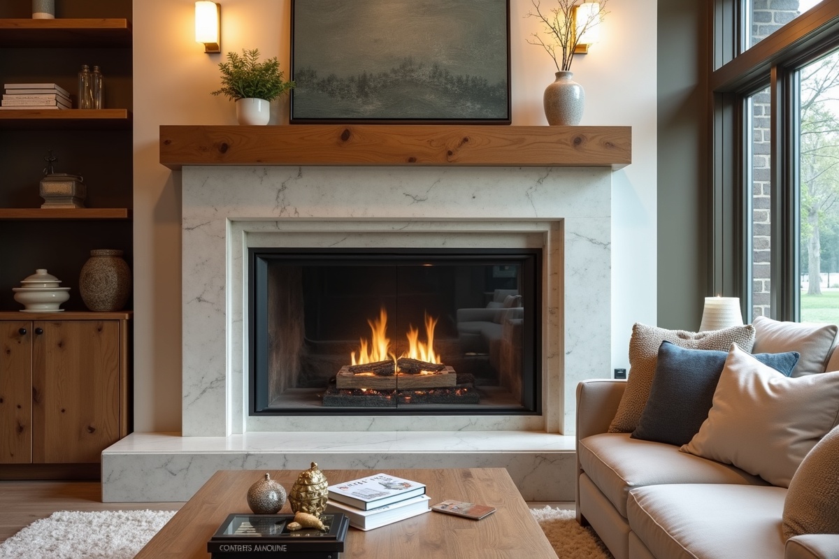 Dallas living room fireplace with a custom glass screen framed by a wood mantel showing how custom fabrication achieves seamless architectural integration
