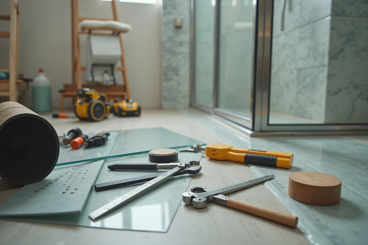Custom glass installation tools and materials laid out for a professional Coppell TX shower door installation job