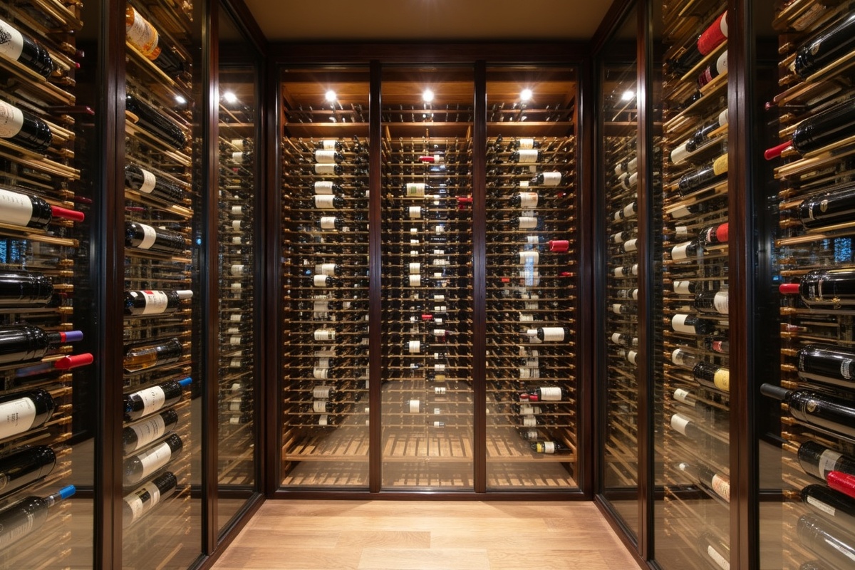 Glass wine room wall installation in a Southlake TX luxury home showing structural frameless glass panels displaying the wine collection at controlled temperature