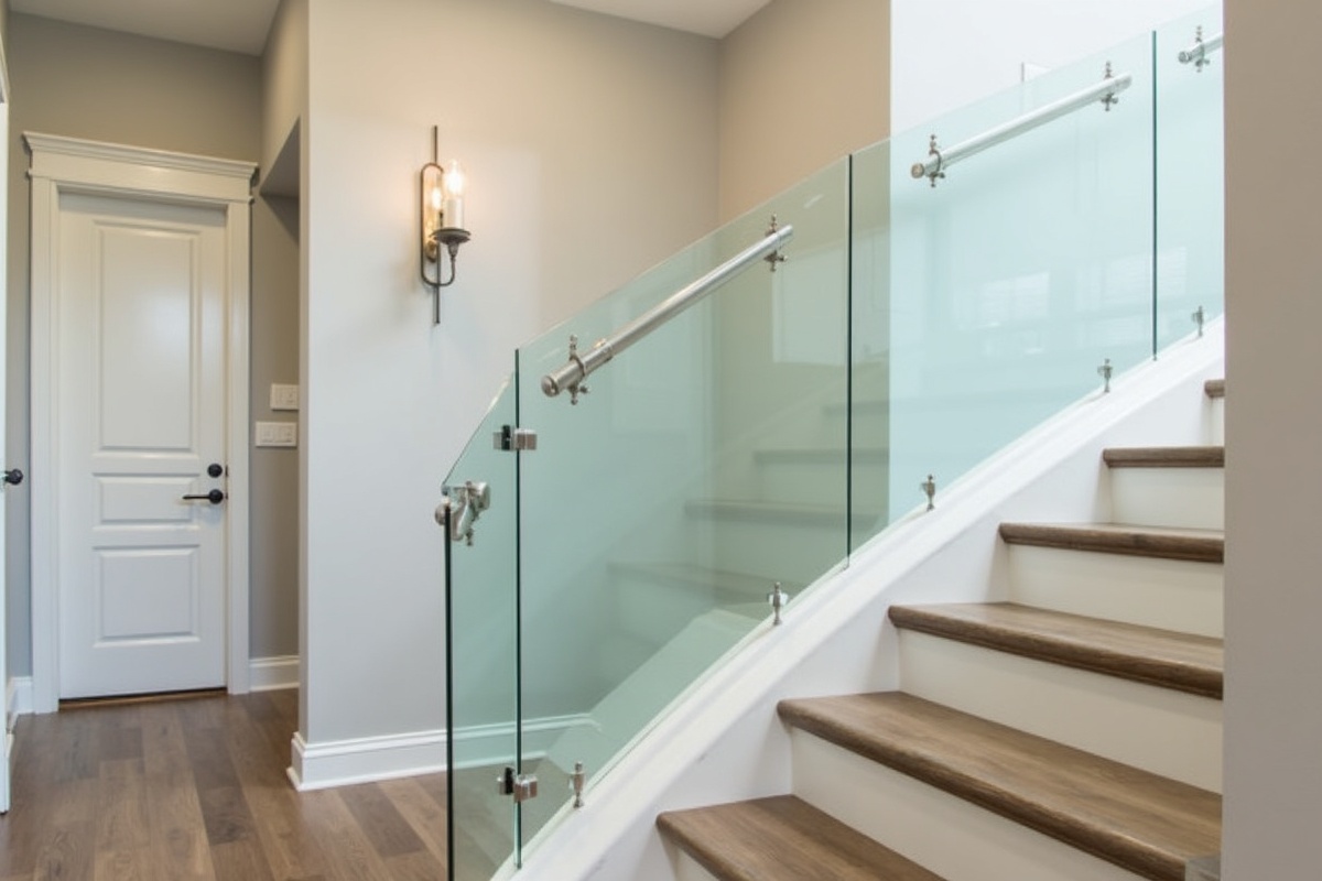 Interior glass railing installation in a Southlake TX luxury home with frameless glass panels and minimal stainless hardware on a curved staircase