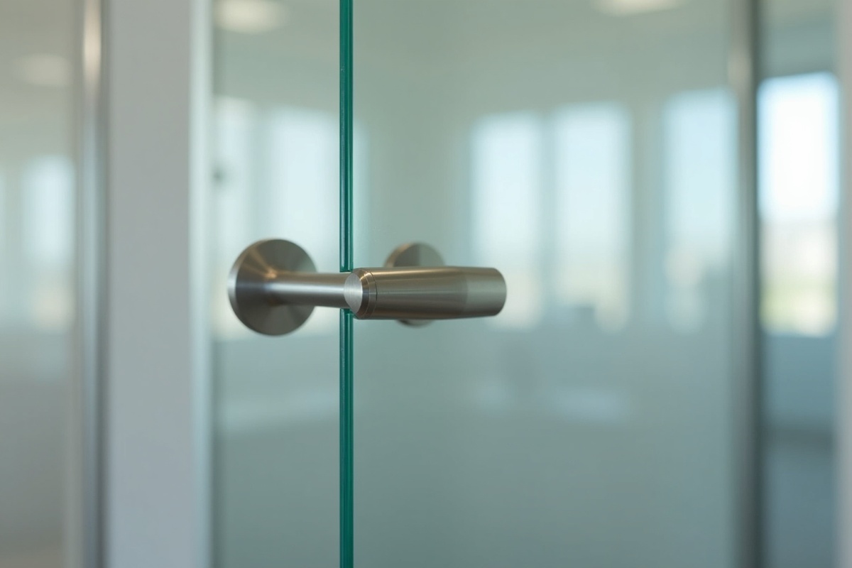 Frameless glass office door hardware detail showing brushed nickel patch hinges and D-pull handle on tempered glass panel