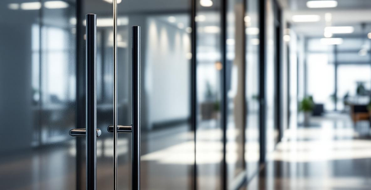 Frameless glass office door with brushed nickel hardware installed in a Dallas corporate office creating an open modern look