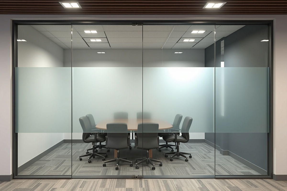 Commercial glass conference room installation in progress in a Dallas office showing the frameless partition system with sliding glass door and hardware placement