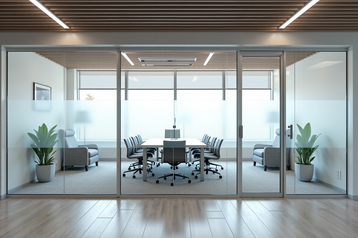 Dallas office interior showing aluminum-framed glass partition creating private conference rooms while maintaining natural light penetration