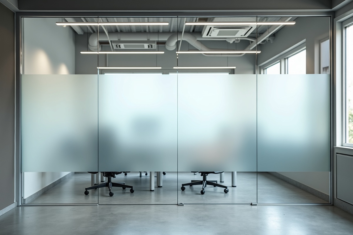 Glass office partition with frosted film on lower half creating seated privacy while maintaining visual openness at standing height in Dallas