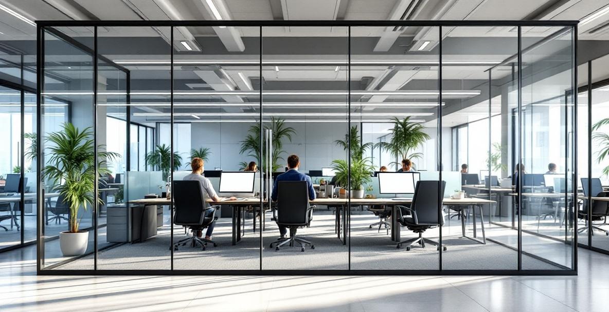 Modern Dallas office with frameless glass partitions creating private offices while maintaining open feel and natural light