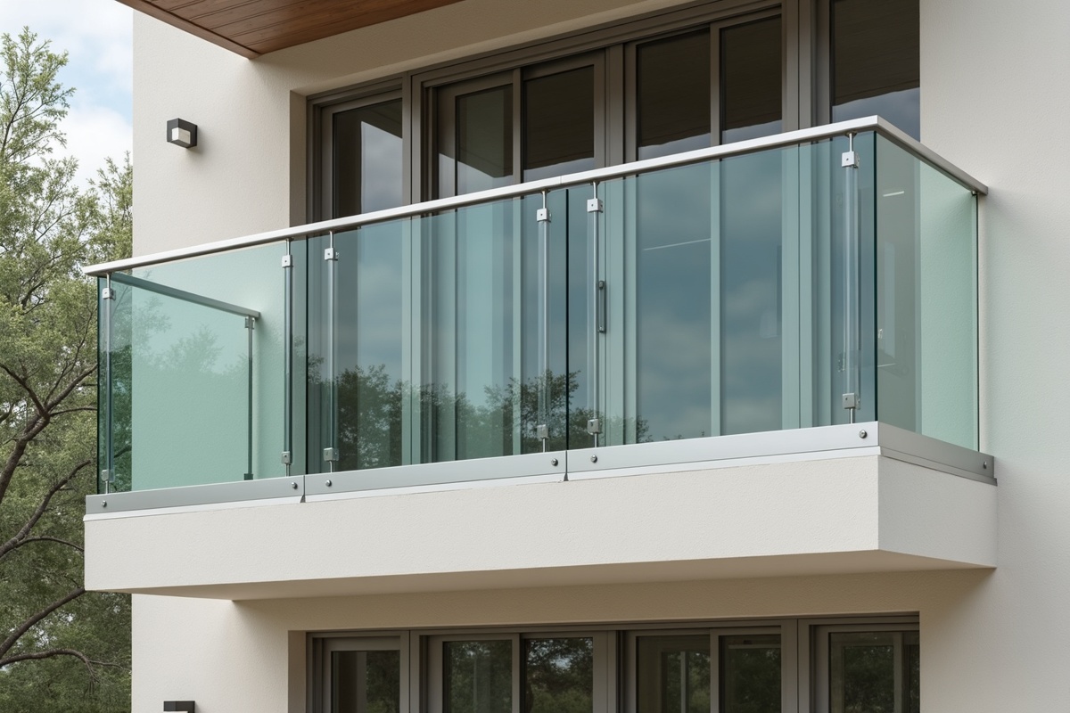 Glass railing installation on an exterior balcony in Texas showing base shoe channel system with stainless steel top cap rail and tempered glass panels