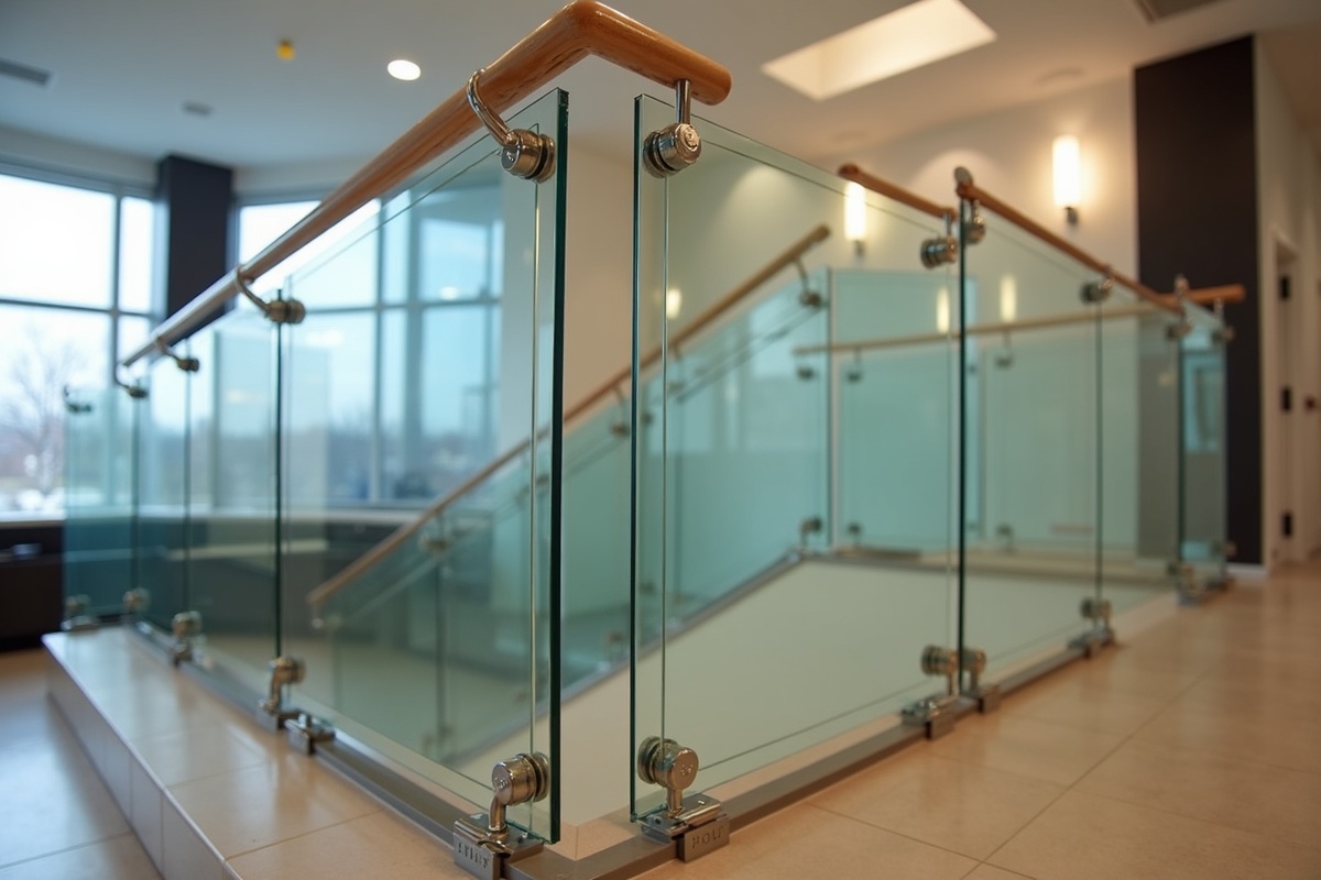 Completed glass railing system on an interior commercial staircase in Dallas Texas showing point-fixed standoff hardware and continuous handrail
