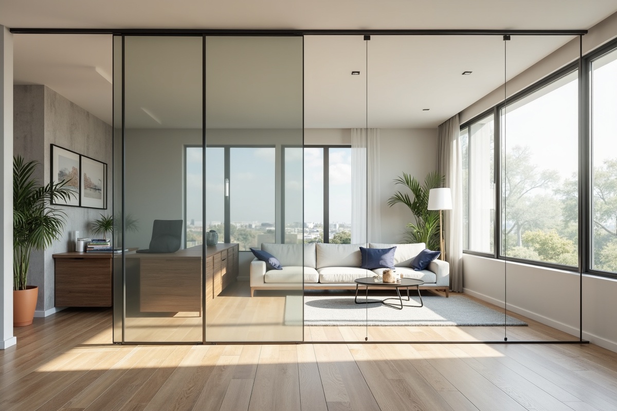 Sliding glass room divider in a Dallas home creating flexible space separation between home office and living room with frameless panel on track
