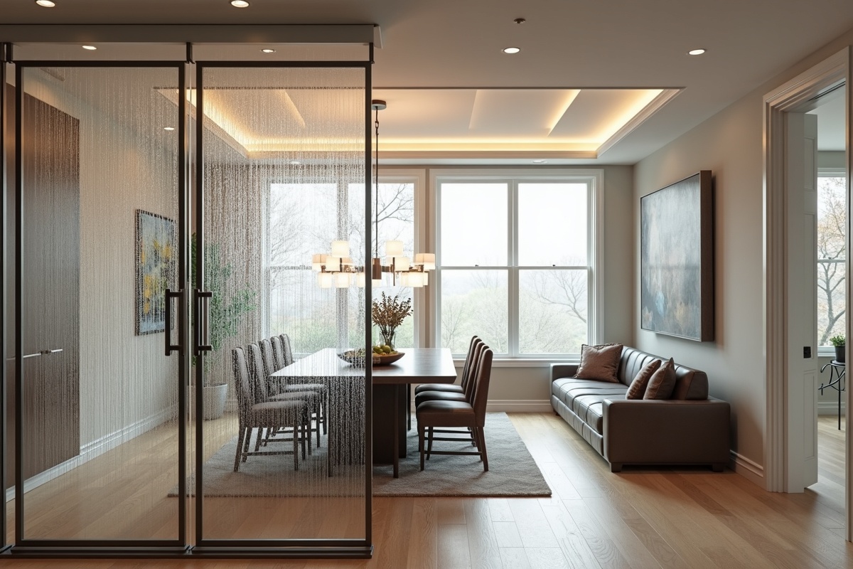 Reeded glass room divider installed in a Dallas dining room creating a separation from the living room showing textured glass panels in aluminum frame