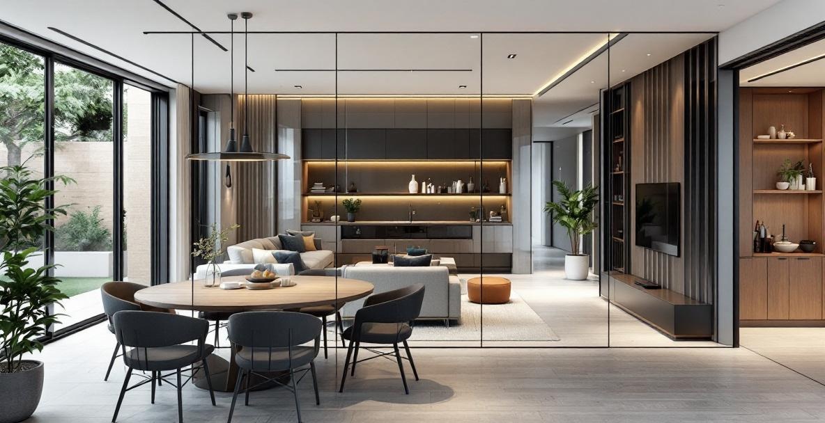 Glass room divider in a Dallas home creating a separation between living and dining areas with frameless glass panels allowing natural light flow