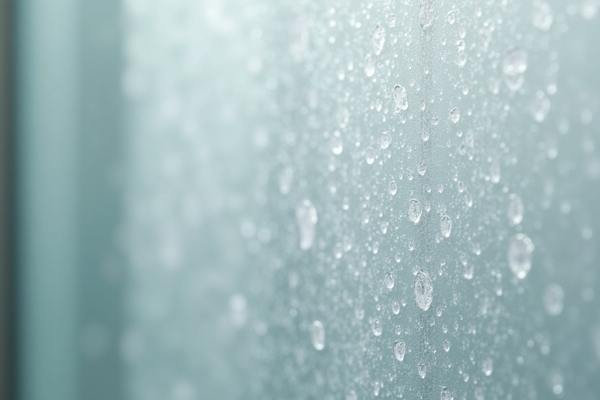 Close-up of hard water mineral deposits on shower glass door showing the white chalky buildup that forms in DFW hard water areas