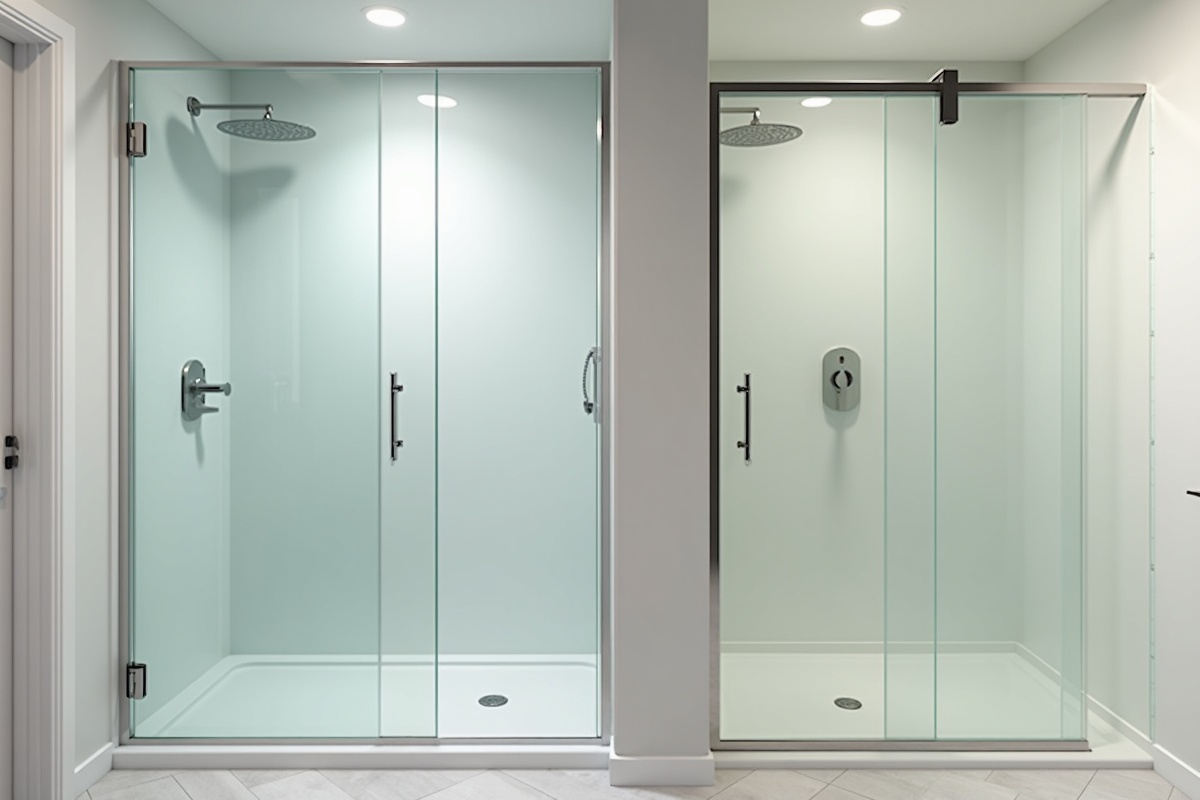 Side-by-side view of frameless glass shower door and framed shower door hardware showing different cleaning access requirements for each type