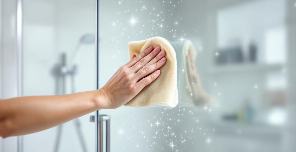 Sparkling clean frameless glass shower door in a modern bathroom showing streak-free transparency after professional cleaning