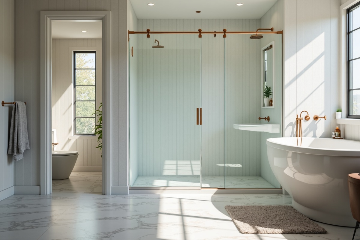 Modern DFW bathroom with a new frameless glass shower door installed after removal of an older framed metal enclosure, showing increased natural light and a cleaner look