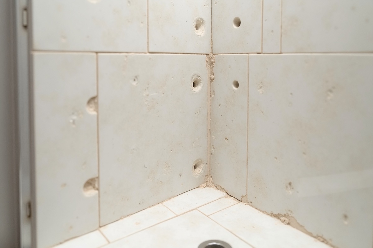 DFW bathroom mid-renovation showing the tile wall and curb after an older framed shower door has been removed, leaving anchor holes ready for patching before a frameless install