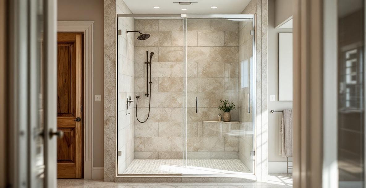 Bathroom renovation in progress showing an old framed metal shower door partially disassembled and prepared for removal before a frameless glass upgrade in a DFW home