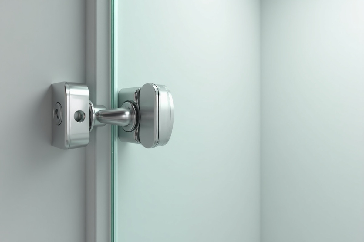 Cross-section diagram showing how shower door pull hardware mounts through drilled holes in tempered glass panels