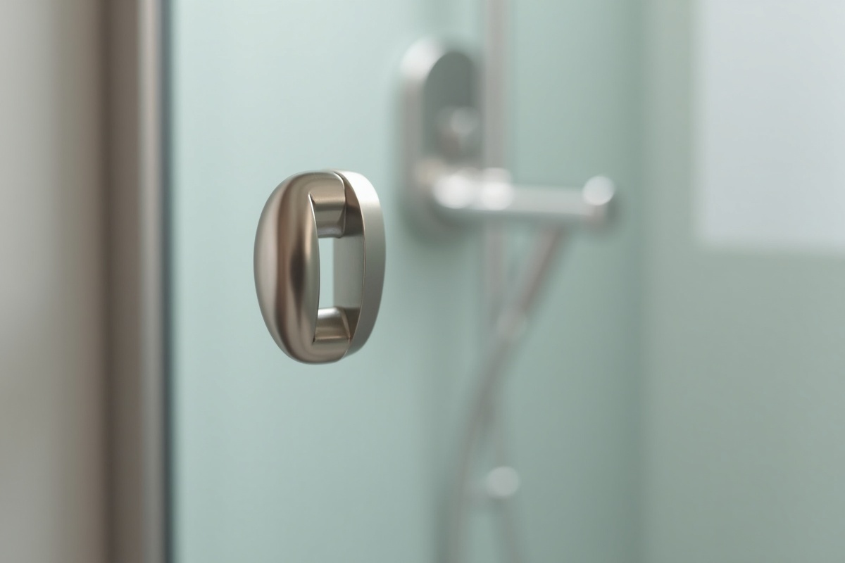 Close-up of premium solid brass shower door C-pull in brushed nickel showing quality finish and precise mounting on tempered glass