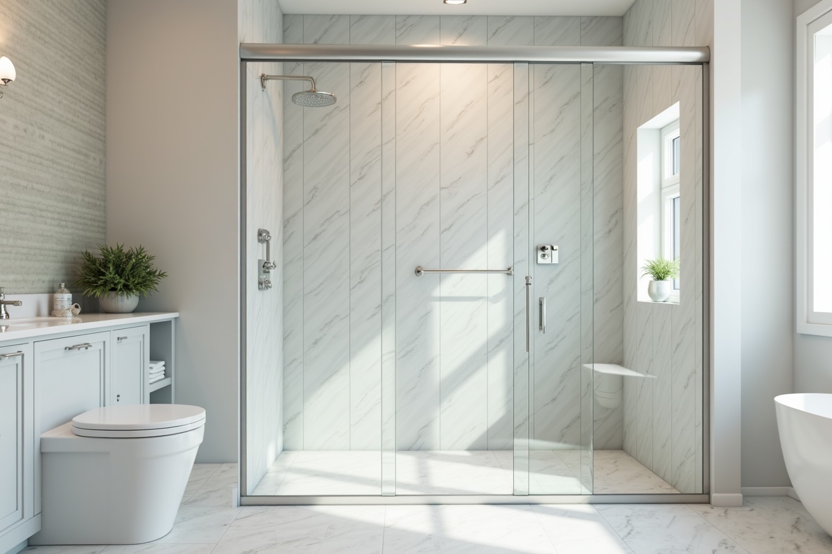 Clean bathroom interior with modern shower glass and neutral tile showing the result of a professional door replacement
