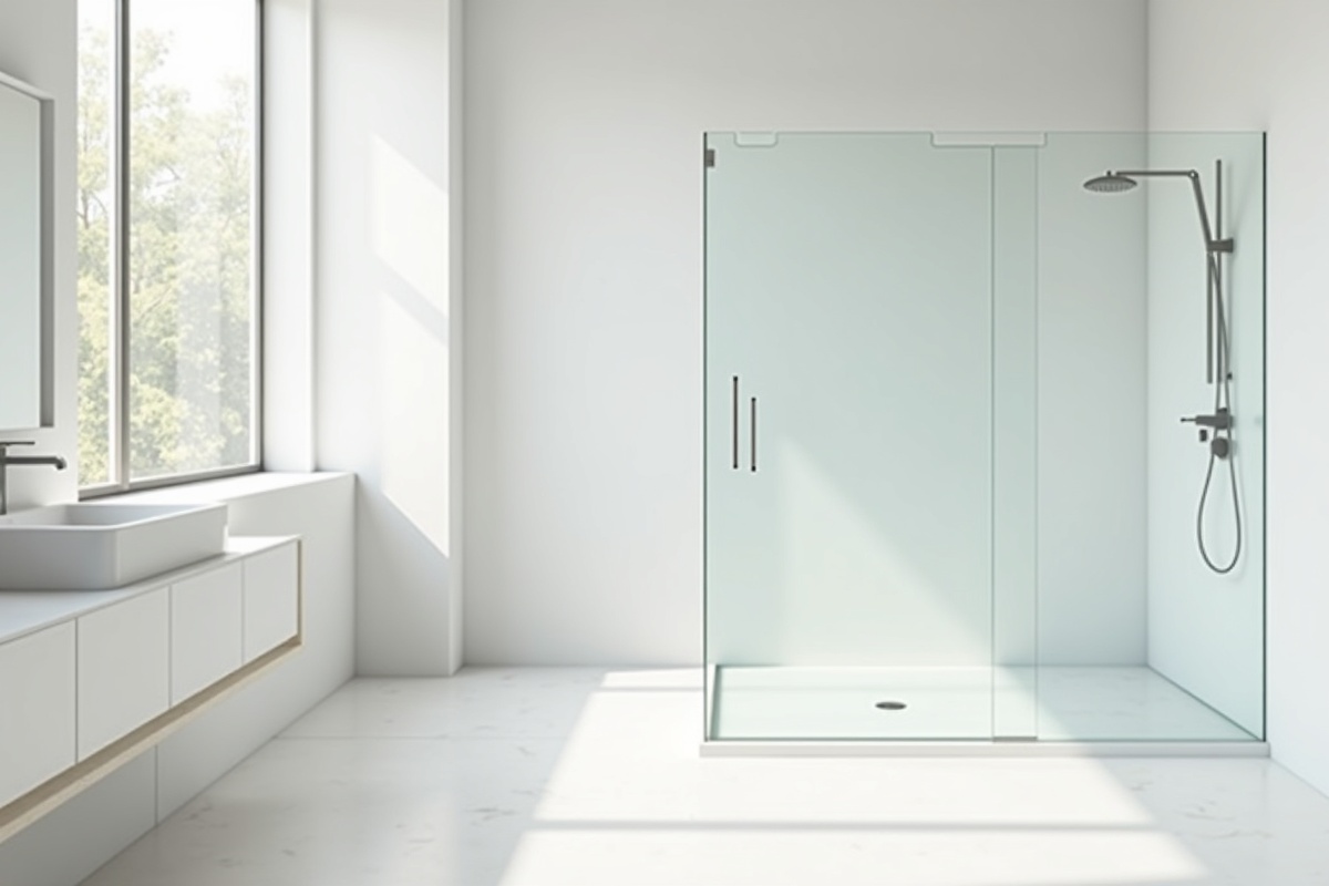 Bright modern bathroom featuring a frameless glass shower door with minimal hardware and clean lines