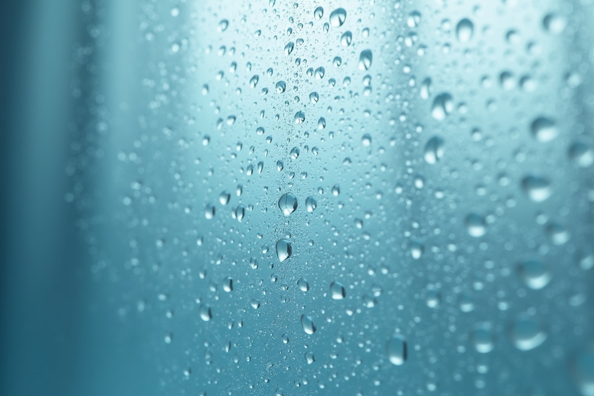 Close-up of water droplets beading on glass panel surface showing the mineral-laden water that squeegee technique removes before it can deposit hard water stains