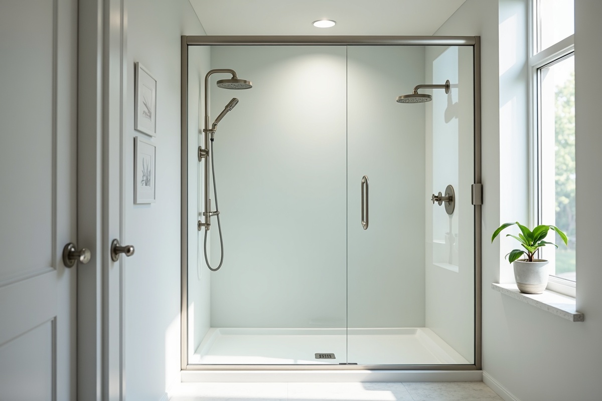 Modern bathroom interior with clear glass shower enclosure and clean fixtures in a DFW home showing the result of consistent shower door maintenance and daily squeegeeing