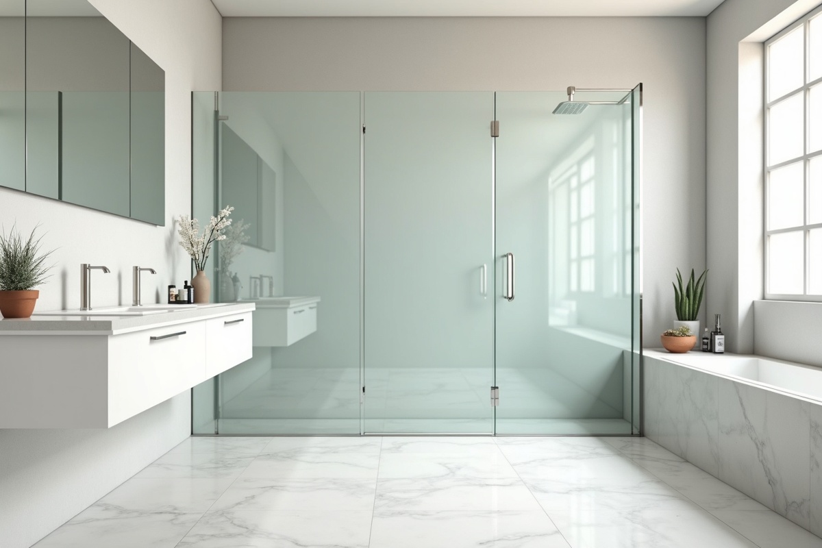 Frameless glass shower enclosure with clear panels showing the non-porous smooth surface that resists mold and mildew growth in humid DFW bathrooms