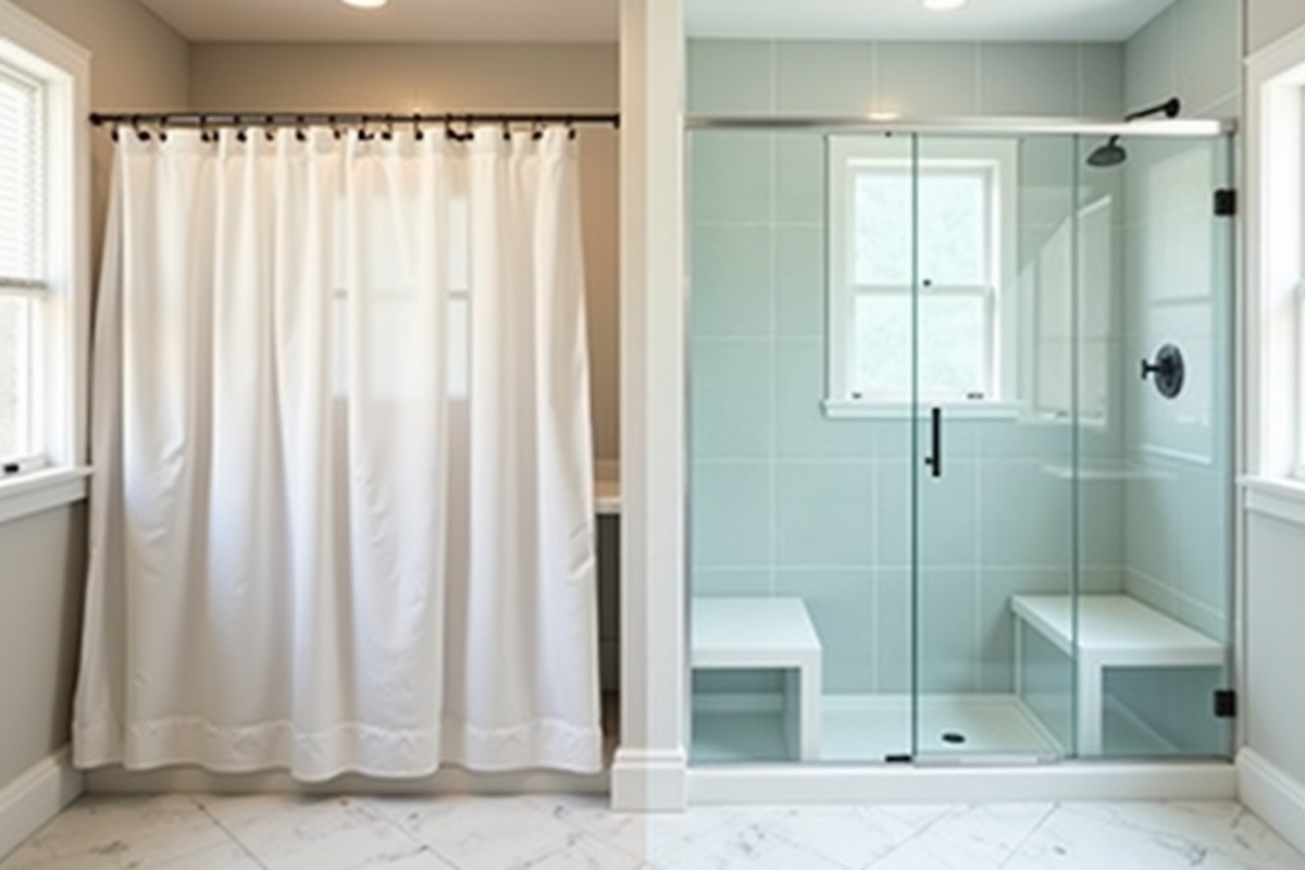 Bathroom renovation comparison showing a dated shower curtain setup alongside a modern frameless glass shower door installation highlighting the quality and longevity difference