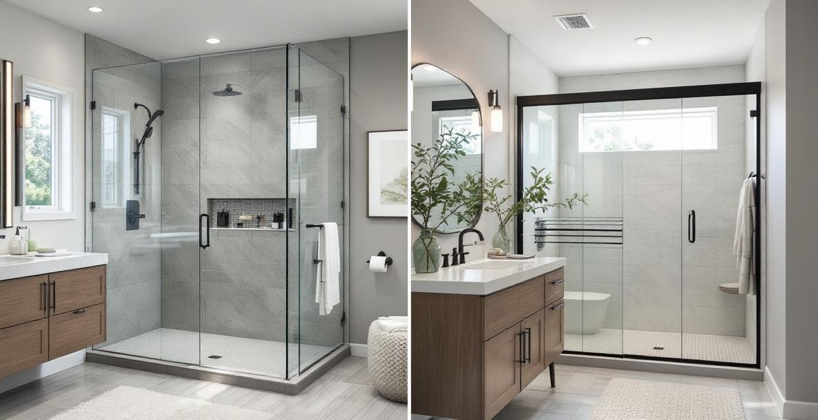 Clean modern bathroom with frameless glass shower enclosure showing the open airy aesthetic that glass doors provide versus curtain alternatives in DFW renovations