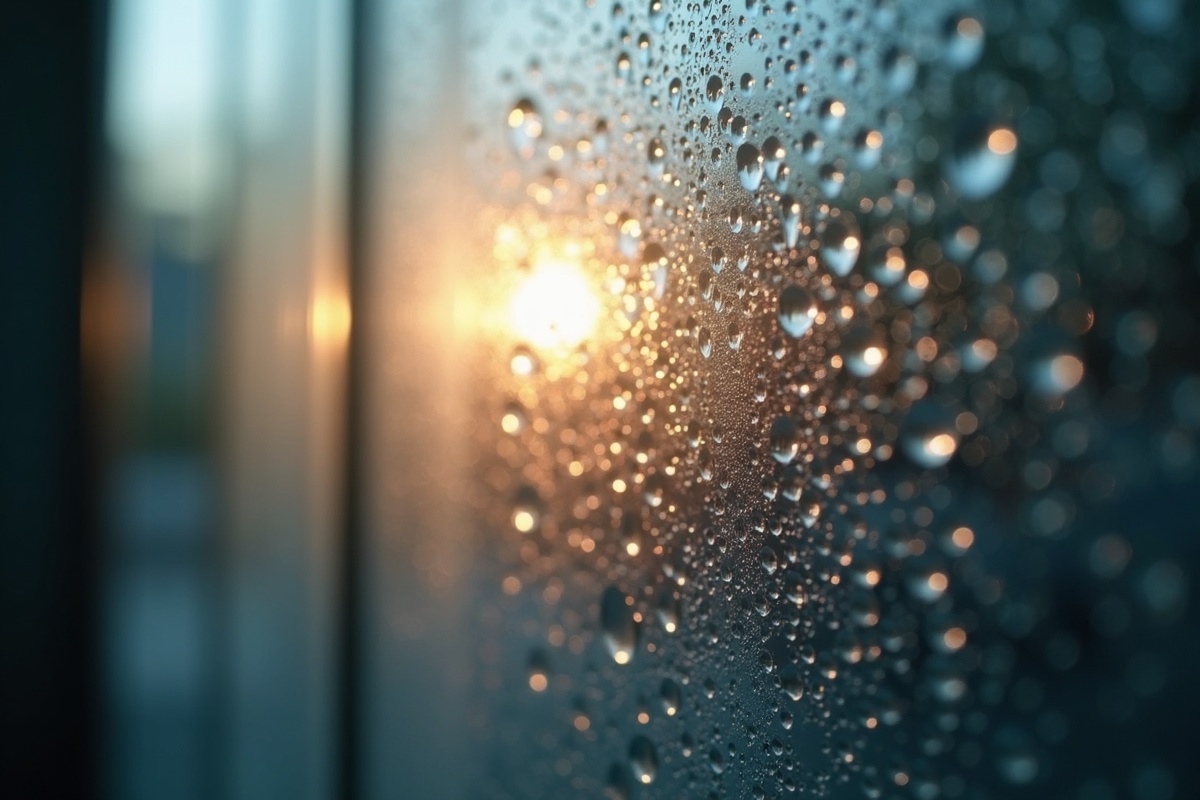 Close-up photograph of light refracting through water droplets on glass surface showing the bokeh effect similar to how hard water mineral deposits scatter light on shower glass