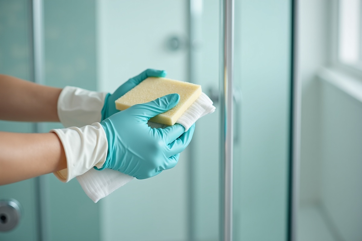 Person in rubber gloves applying cleaning detergent to a sponge preparing to clean bathroom glass surface, demonstrating correct product application technique for shower door maintenance